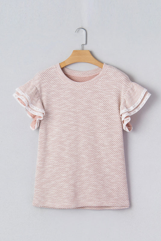 DLLS515 - Ladies Light Pink Twilled Print Lace Trim Ruffled Short Sleeve Blouse