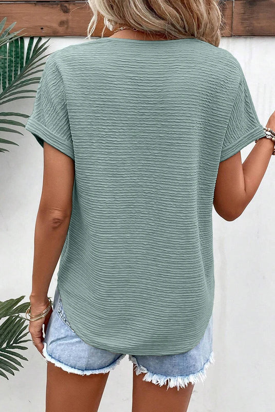 DLLS541 - Ladies Beau Blue Textured Wide Sleeve V Neck T Shirt