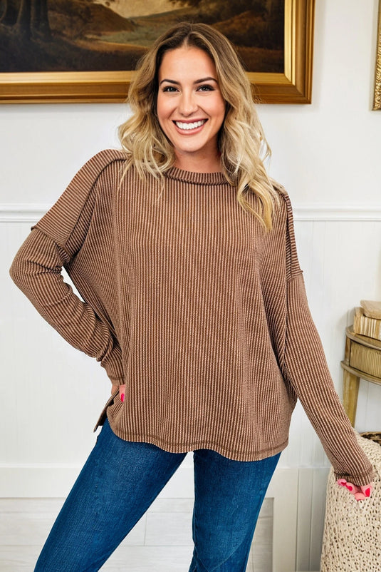 DLLS169 - Ladies Dark Khaki Twist Ribbed Exposed Seam Detail Long Sleeve Loose Top