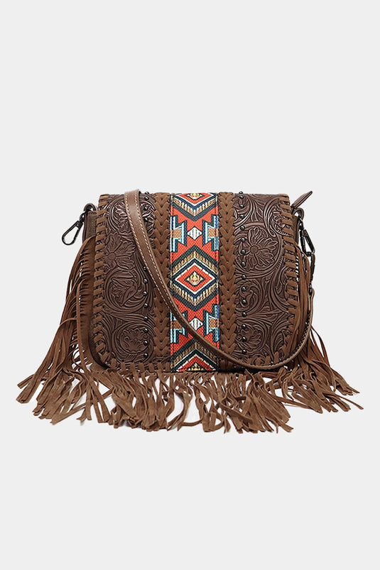 DLLPURSE 1 - Ladies Coffee Western Aztec Bohemian Tassel PU Leather Bag