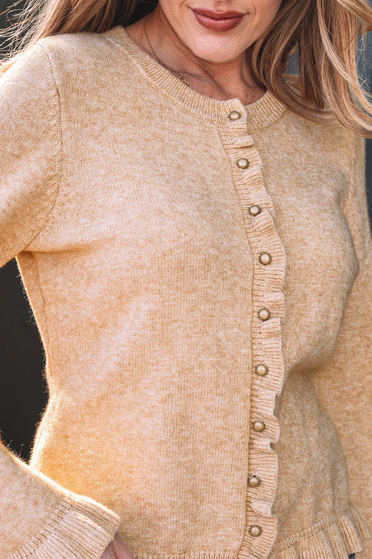 DLLS403 - Ladies Oatmeal Ruffle Trim Gold Button Sweater Cardigan