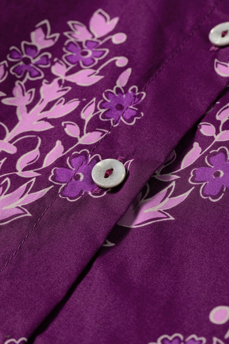 Load image into Gallery viewer, DLLS765 - Ladies Purple Floral Print Button Front Long Puff Sleeve Shirt
