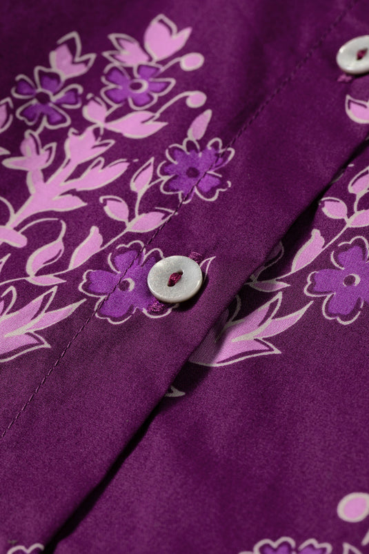 DLLS765 - Ladies Purple Floral Print Button Front Long Puff Sleeve Shirt