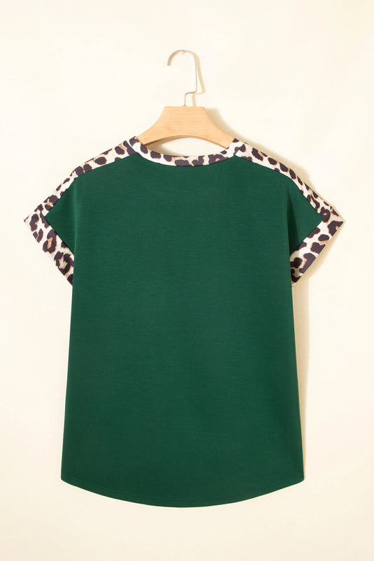 DLLS510 - Ladies Sea Green Leopard Trim Round Neck Loose T Shirt