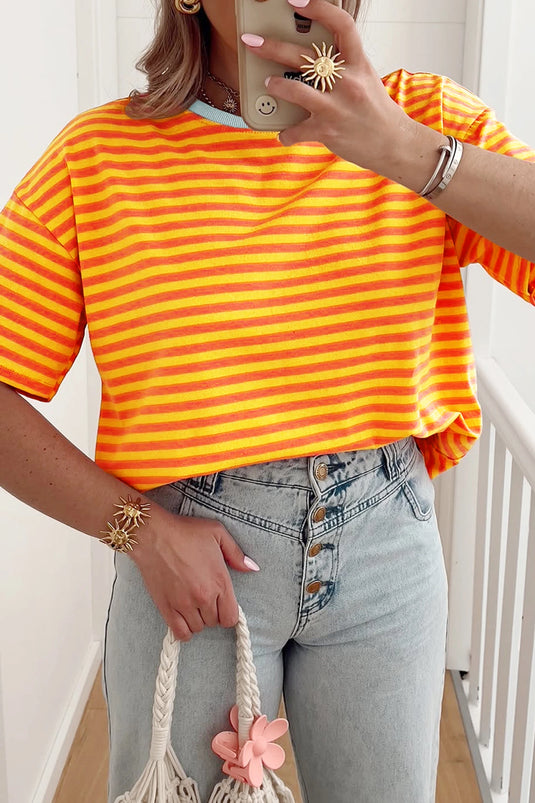 DLLS417 - Ladies Orange Stripe Contrast Crew Neck Drop Shoulder Loose Tee