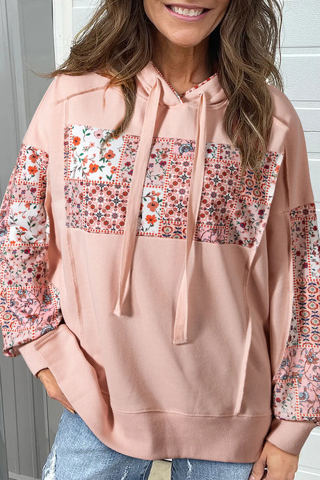 DLLS222 - Ladies Delicacy Mix Floral Patchwork Side Slit Drawstring Hoodie