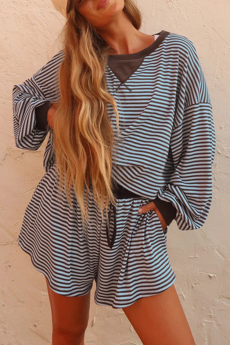Load image into Gallery viewer, DLLS1083 - Ladies Brown Stripe Oversized Long Sleeve Top Drawstring Loose Shorts 2pcs Set
