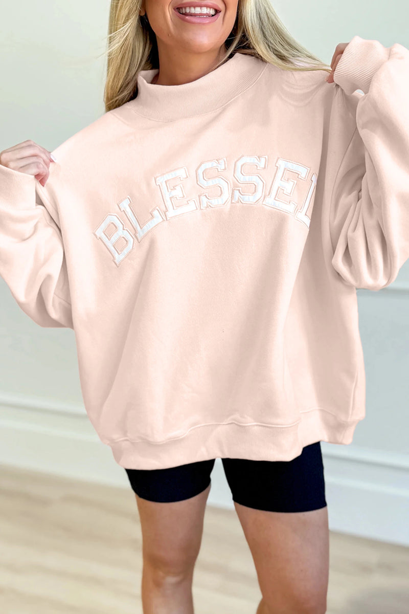 Load image into Gallery viewer, DLLS361 - Ladies Light Pink Oversize Blessed Embroidered Mock Neck Sweatshirt
