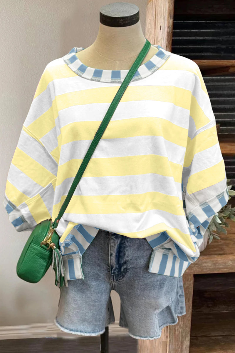Load image into Gallery viewer, DLLS627 - Ladies Yellow Stripe Exposed Seam Contrast Patchwork Oversized Top

