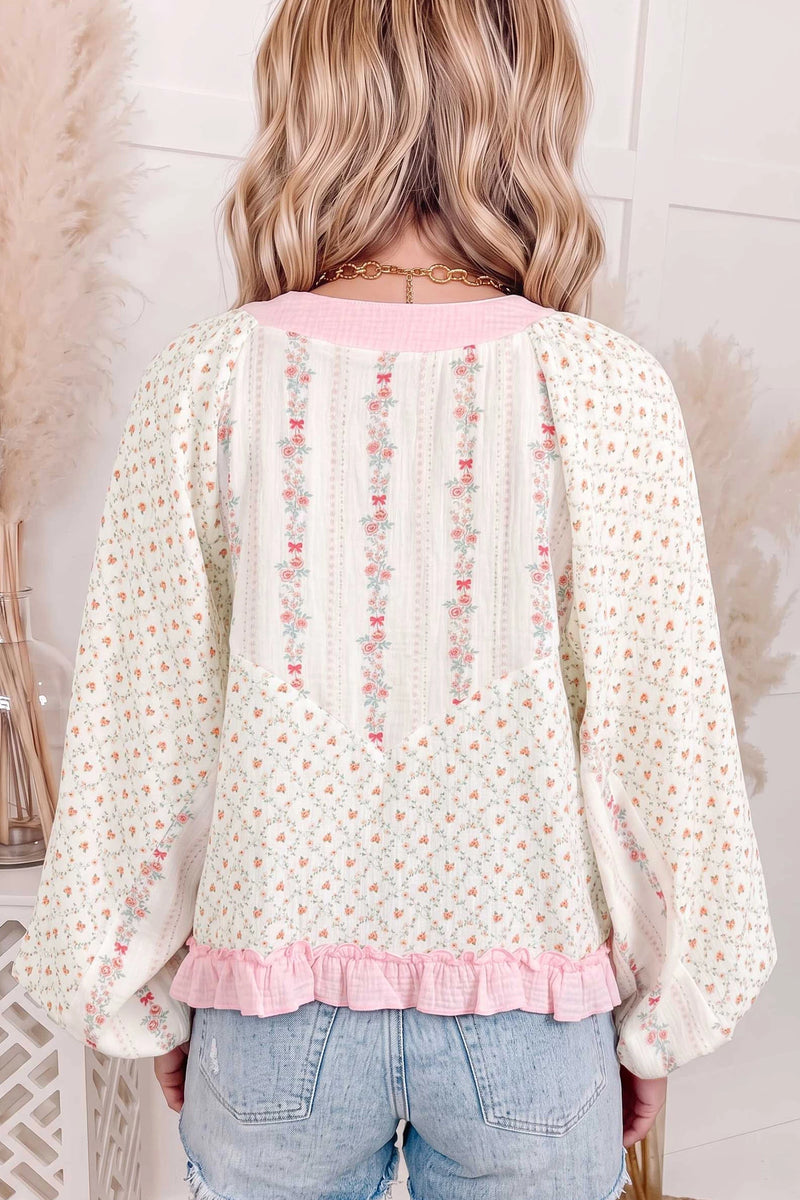 Load image into Gallery viewer, DLLS1051 - Ladies Beige Floral Print Color Block Trim Lace-Up V Neck Long Sleeve Blouse
