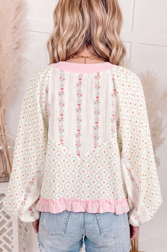 DLLS1051 - Ladies Beige Floral Print Color Block Trim Lace-Up V Neck Long Sleeve Blouse