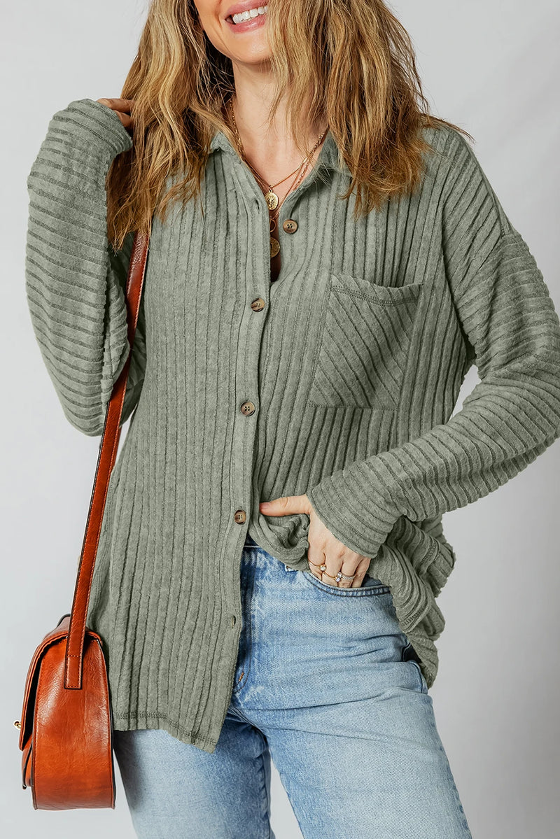 Load image into Gallery viewer, DLLS278 - Ladies Mist Green Thermal Ribbed Texture Drop Shoulder Button Up Shacket
