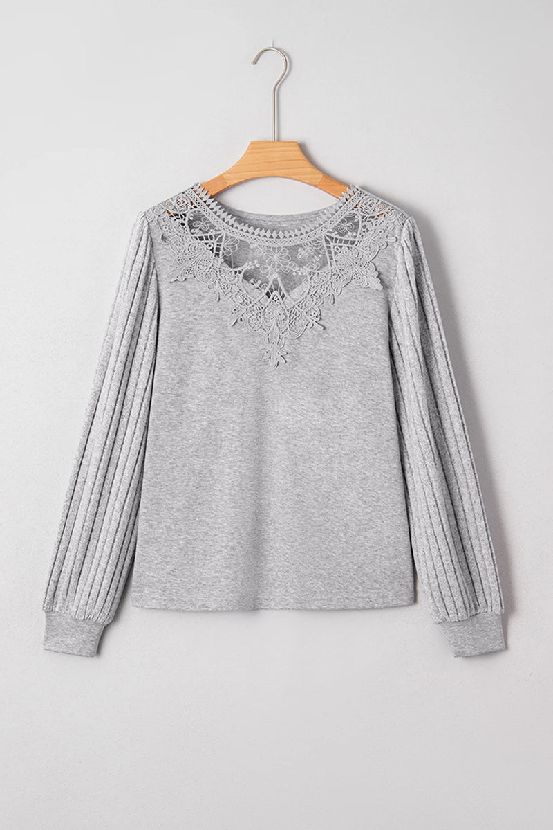 Load image into Gallery viewer, DLLS192 - Ladies Gray Hollowed Lace Ribbed Knit Long Sleeve Patchwork Top
