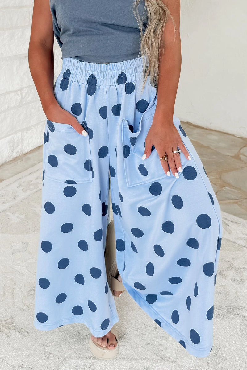 Load image into Gallery viewer, DLLS807 - Ladies Sky Blue Polka Dot Wide Leg Elastic Waist Casual Pants
