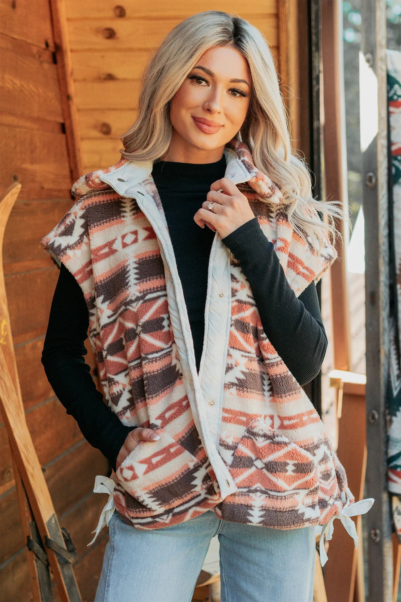 Load image into Gallery viewer, DLLS855 - Ladies Multicolour Geometric Print Fleece Button Placket Shift Silhouette Vest
