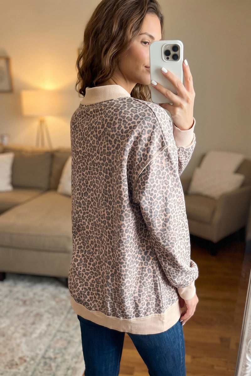 Load image into Gallery viewer, DLLS892 - Ladies Multicolour Leopard Print Long Sleeve Ribbed Cuffs Hem Sweatshirt
