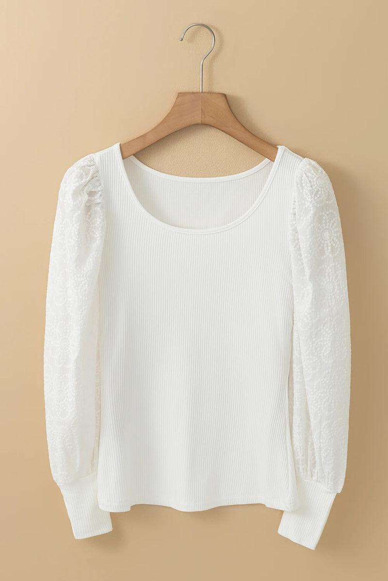 Load image into Gallery viewer, DLLS143 - Ladies White Flower Puff Sleeve Ribbed Knit Top
