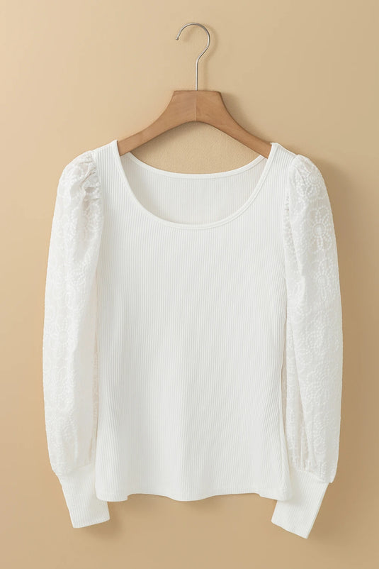 DLLS143 - Ladies White Flower Puff Sleeve Ribbed Knit Top