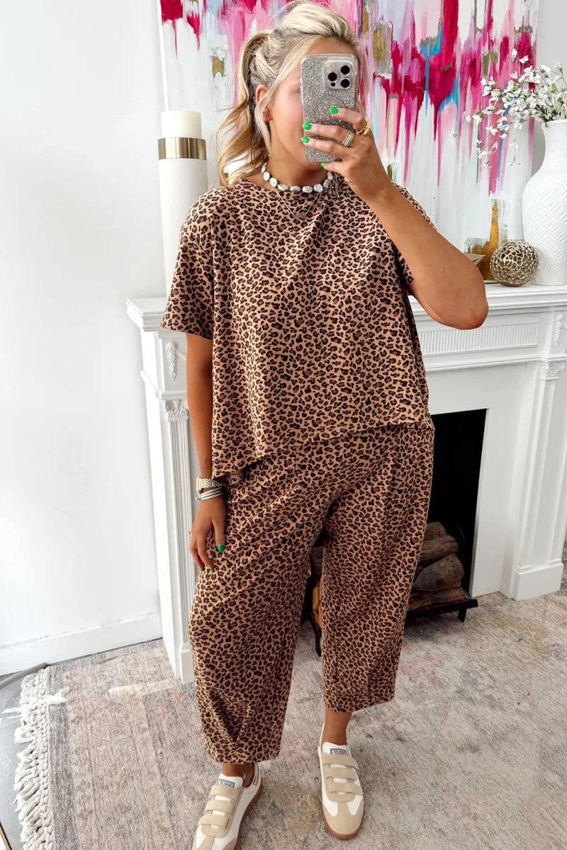 Load image into Gallery viewer, DLLS453 - Ladies Brown Leopard Loose Tee Drawstring Waist Barrel Pants Set
