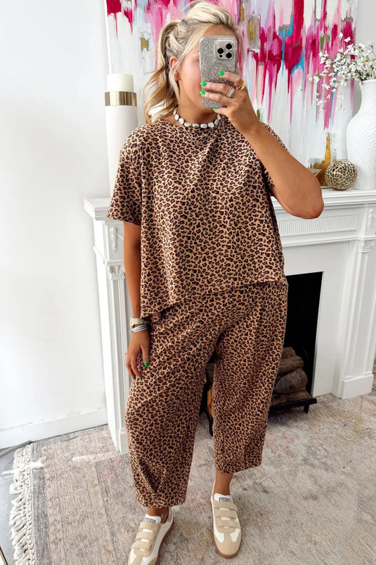DLLS453 - Ladies Brown Leopard Loose Tee Drawstring Waist Barrel Pants Set