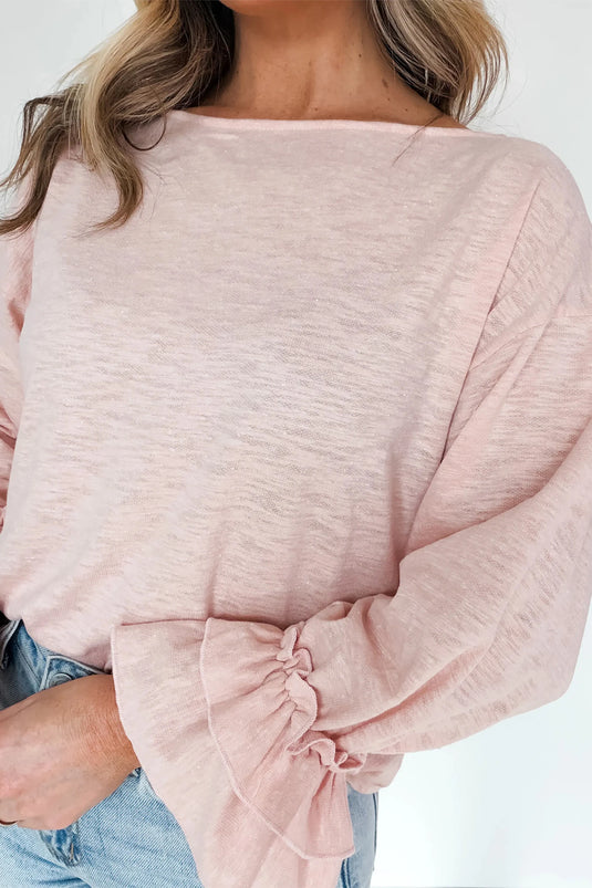 DLLS678 - Ladies Gossamer Pink Long-Sleeve Pullover with Ruffled Sleeves