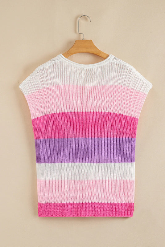 DLLS457 - Ladies Pink Color Block Notch V Neck Sweater T-Shirt