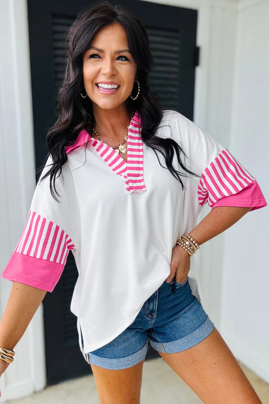 DLLS475 - Ladies White Striped Color Block Patchwork Half Sleeve T Shirt