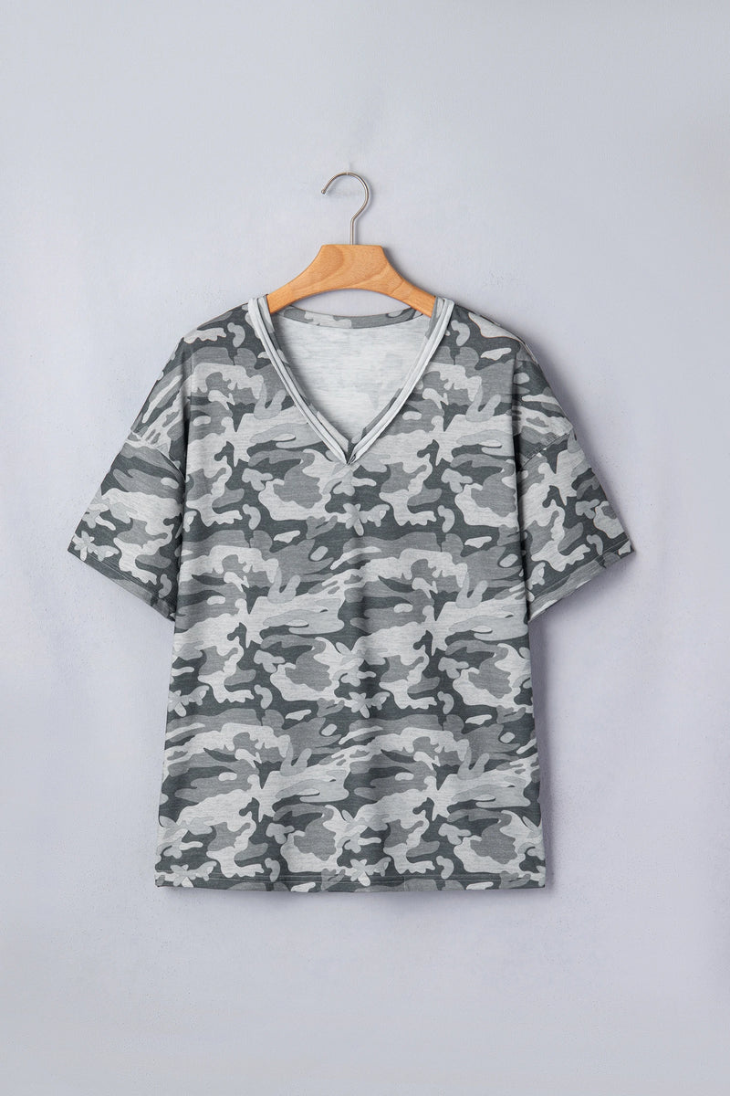 Load image into Gallery viewer, DLLS941 - Ladies Green Retro Camouflage Print Raw Edge V Neck Tee
