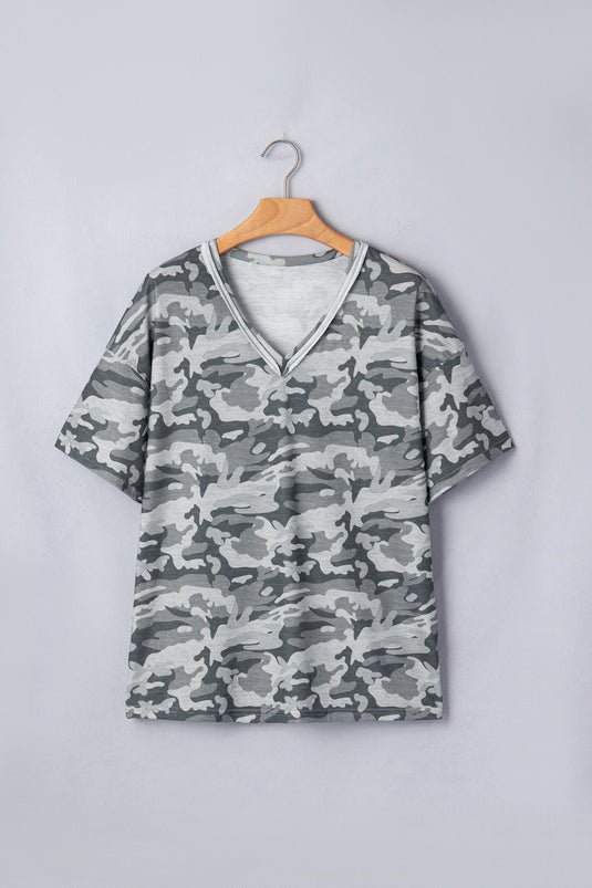 DLLS941 - Ladies Green Retro Camouflage Print Raw Edge V Neck Tee