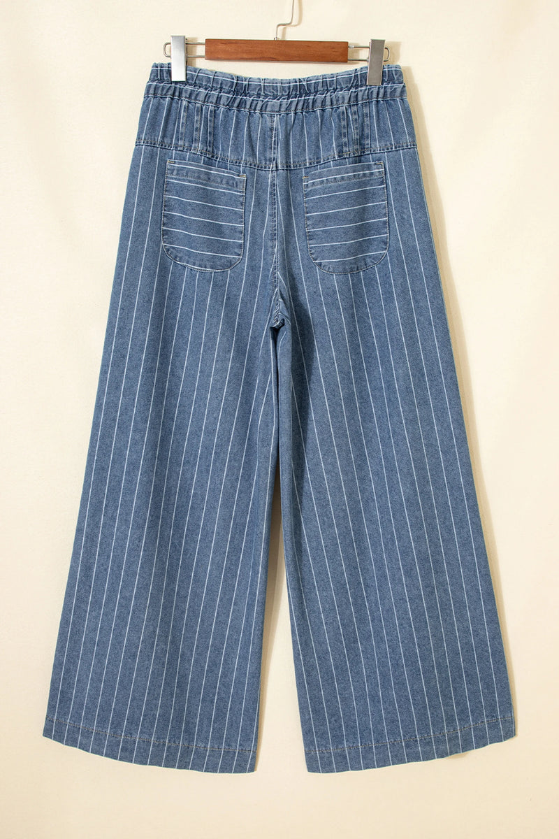 Load image into Gallery viewer, DLLS1002 - Ladies Sky Blue Stripe Button Pleated Drawstring Waist Casual Wide Leg Jeans
