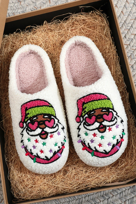 DLLSHOE 130 - White Starry Santa Claus Pattern Christmas Plush Slippers