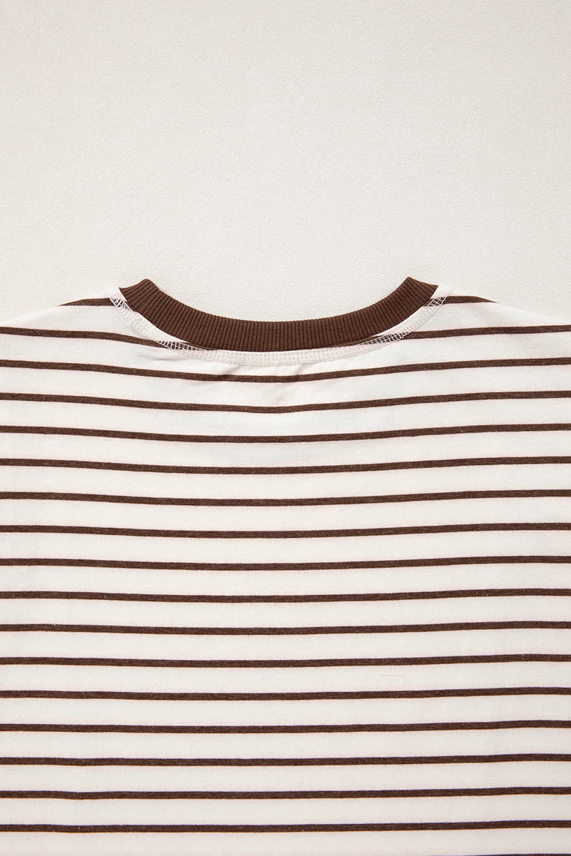 Load image into Gallery viewer, DLLS448 - Ladies Brown Stripe Ribbed Round Neck Trim Loose Tank Top
