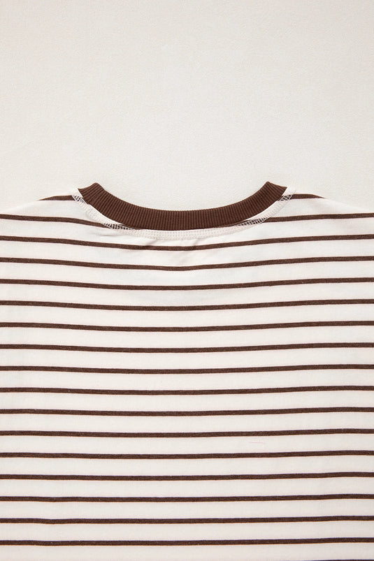 DLLS448 - Ladies Brown Stripe Ribbed Round Neck Trim Loose Tank Top