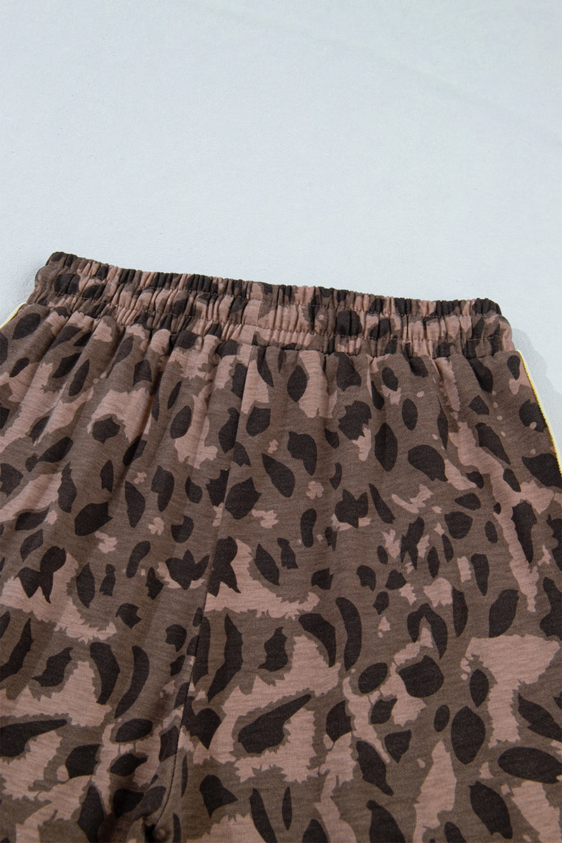 Load image into Gallery viewer, DLLS1086 - Ladies Brown Leopard Print Long Sleeve V-Neck Wide Leg Pant Set
