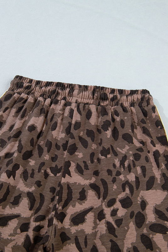 DLLS1086 - Ladies Brown Leopard Print Long Sleeve V-Neck Wide Leg Pant Set
