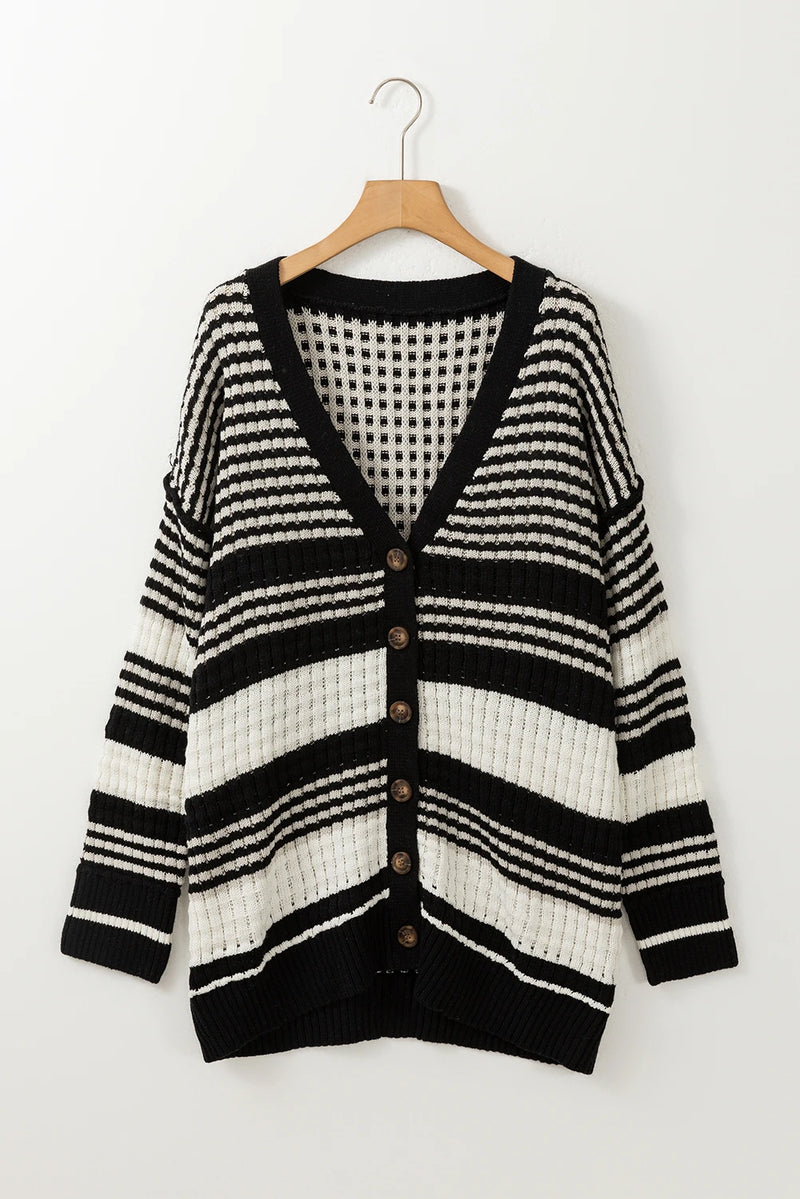 Load image into Gallery viewer, DLLS131 - Ladies Black Colorblock Textured Knit Buttoned Cardigan
