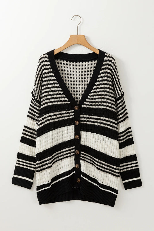 DLLS131 - Ladies Black Colorblock Textured Knit Buttoned Cardigan