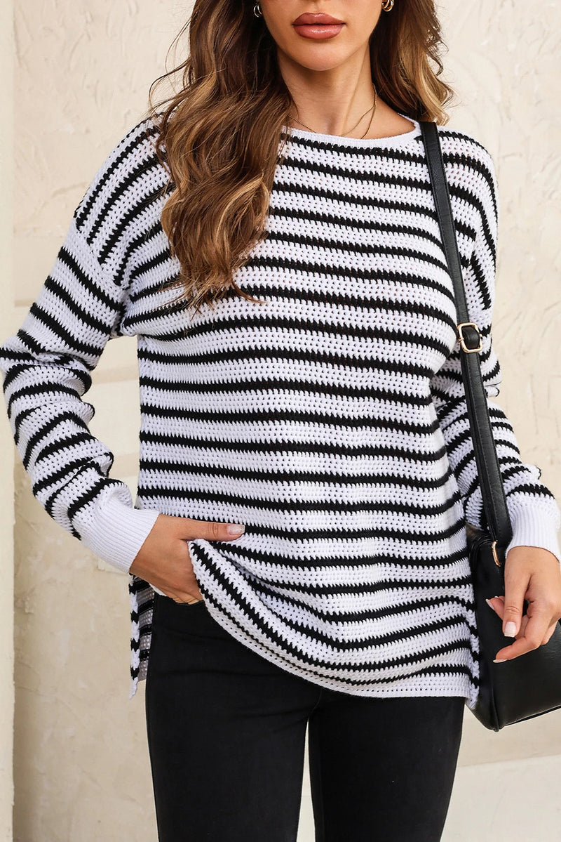 Load image into Gallery viewer, DLLS265 - Ladies White Striped Knit Split Hem Baggy Sweater
