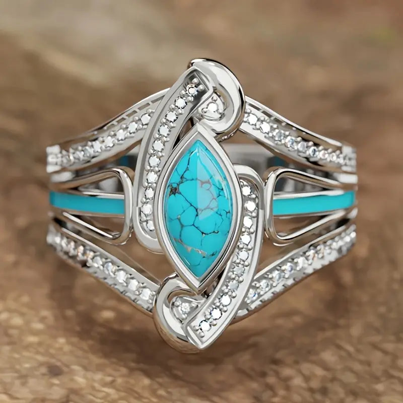 Load image into Gallery viewer, TMRG1 - Turquoise/Zirconia Horse Eye Shaped Ring
