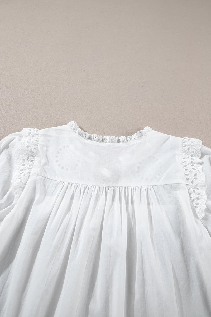 Load image into Gallery viewer, DLLS366 - Ladies White Embroidered Lace Patchwork Tie Neck Puff Short Sleeve Blouse
