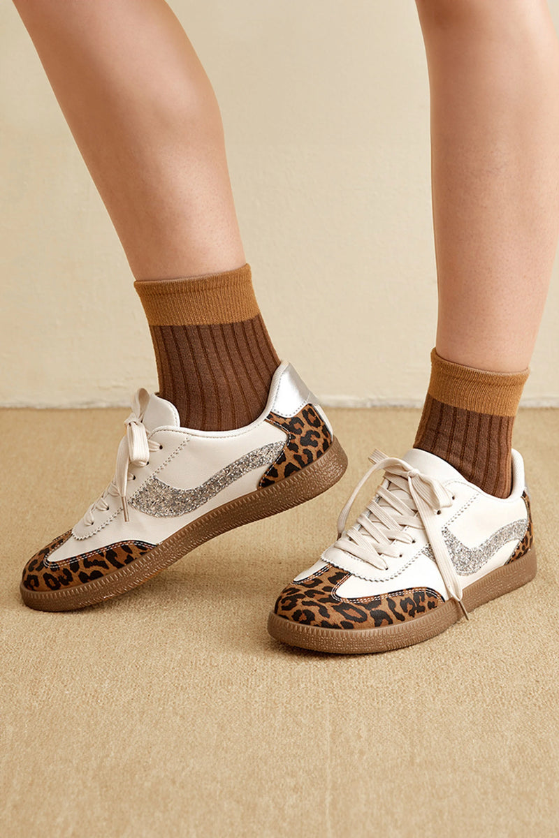 Load image into Gallery viewer, DLLSHOE 166 - Cinnamon Leopard Print Sequin Detail PU Leather Lace-Up Casual Sneakers
