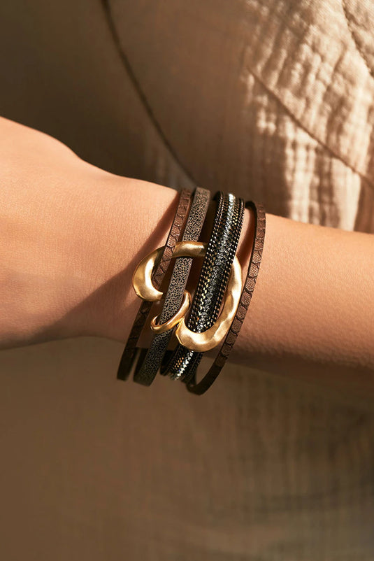 DLLBC 17 - Coffee PU Leather Straps Rhinestone Embedded Retro Magnetic Buckle Bracelet