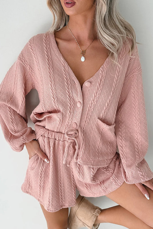 DLLS369 - Ladies Gossamer Pink Cable Knit V Neck Cardigan Shorts Set