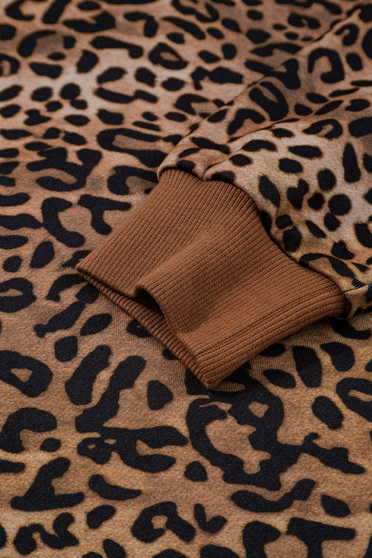 DLLS312 - Ladies Coffee Leopard Print Contrast Trim Long Sleeve Top and Pants Set