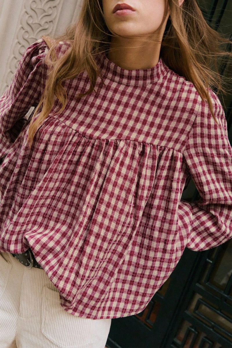 Load image into Gallery viewer, DLLS784 - Ladies Coral Country Plaid Long Sleeve Button Keyhole Pleated Loose Blouse

