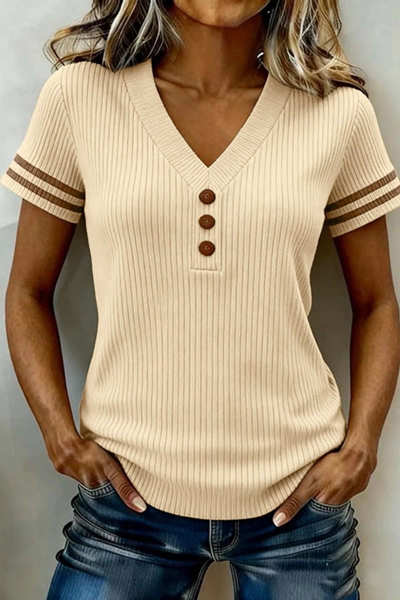 Load image into Gallery viewer, DLLS580 - Ladies Apricot V Neck Ribbed Knit Striped Trim Short Sleeve Sweater
