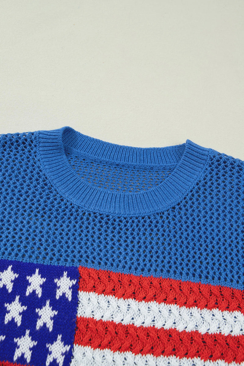 Load image into Gallery viewer, DLLS525 - Ladies Sky Blue Flag Graphic Short Sleeve Sweater Top
