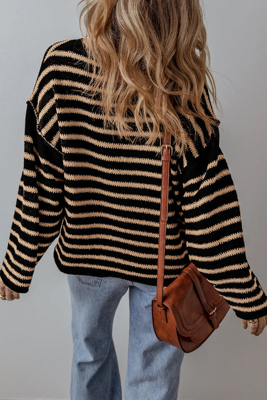 DLLS135 - Ladies Black Stripe Drop Shoulder Round Neck Loose Sweater