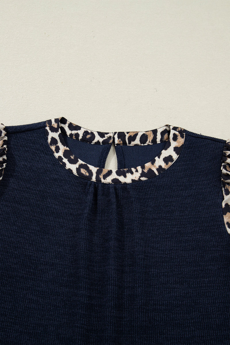 Load image into Gallery viewer, DLLS341 - Ladies Navy Blue Ribbed Contrast Leopard Patchwork Short Sleeve Top
