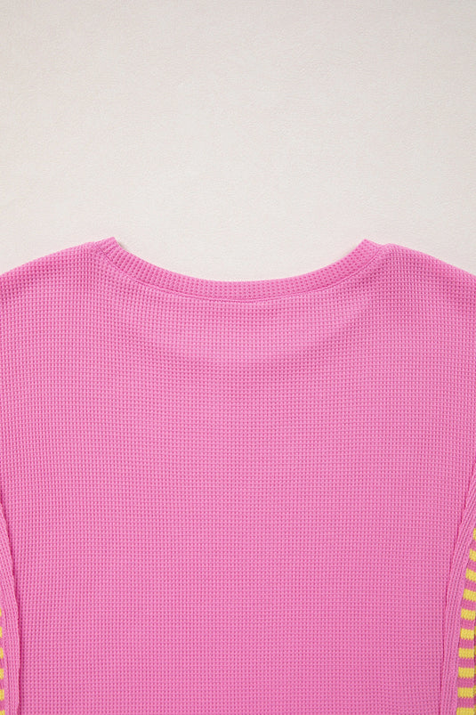 DLLS460 - Ladies Bright Pink Waffle Textured Contrast Striped Patchwork Loose T Shirt